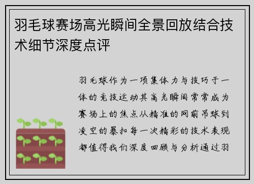 羽毛球赛场高光瞬间全景回放结合技术细节深度点评