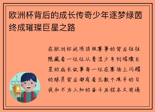 欧洲杯背后的成长传奇少年逐梦绿茵终成璀璨巨星之路