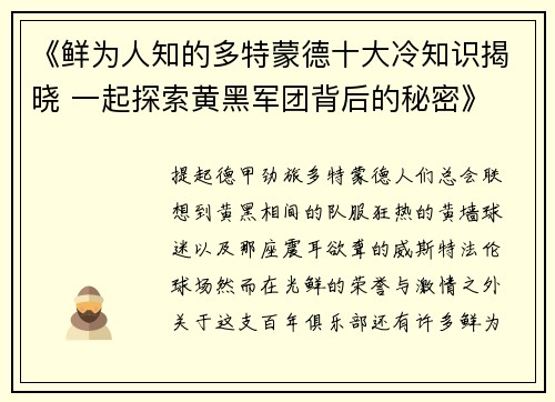 《鲜为人知的多特蒙德十大冷知识揭晓 一起探索黄黑军团背后的秘密》